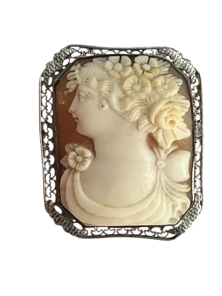 Antique Hand-Carved Shell Cameo Brooch - 800 Silver & Pewter (Tested)
