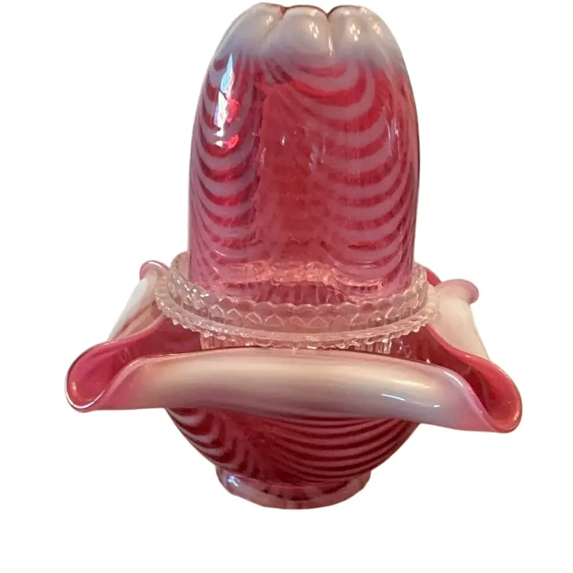 Fenton 3-piece Cranberry Opal Drape Optic Fairy Lamp 7” X 5 1/4”