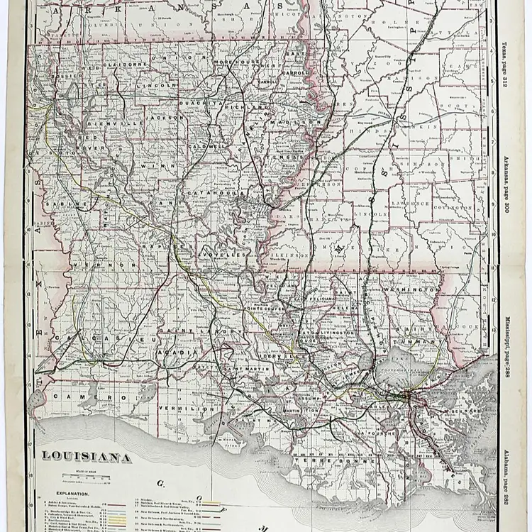 Railroad Map of Louisiana circa 1900 Large 22 1/2 x 17 1/2 Full Color Lithograph