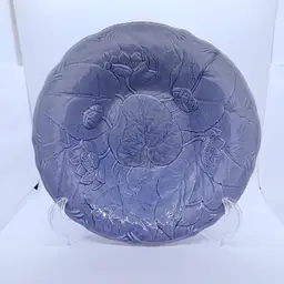 Vintage Bordallo Pinheiro Blue Waterlily Lotus Leaf Round Salad Serving Bowl