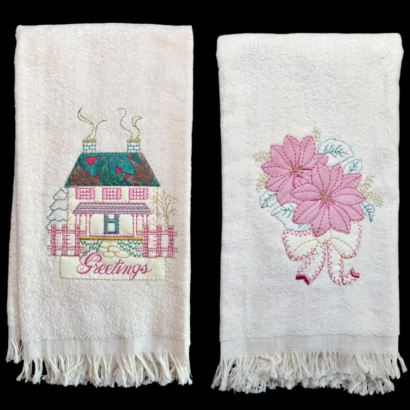 PAIR | Vintage FRANCO Cotton Hand Towels, PINK Winter Holiday Designs