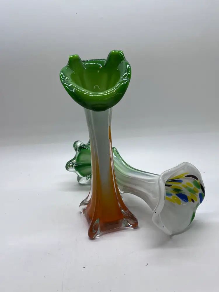 Set of 2 Blown Glass Vases Jack In Pulpit/Twig Multicoloured Orange Green White Yellow Studio Art