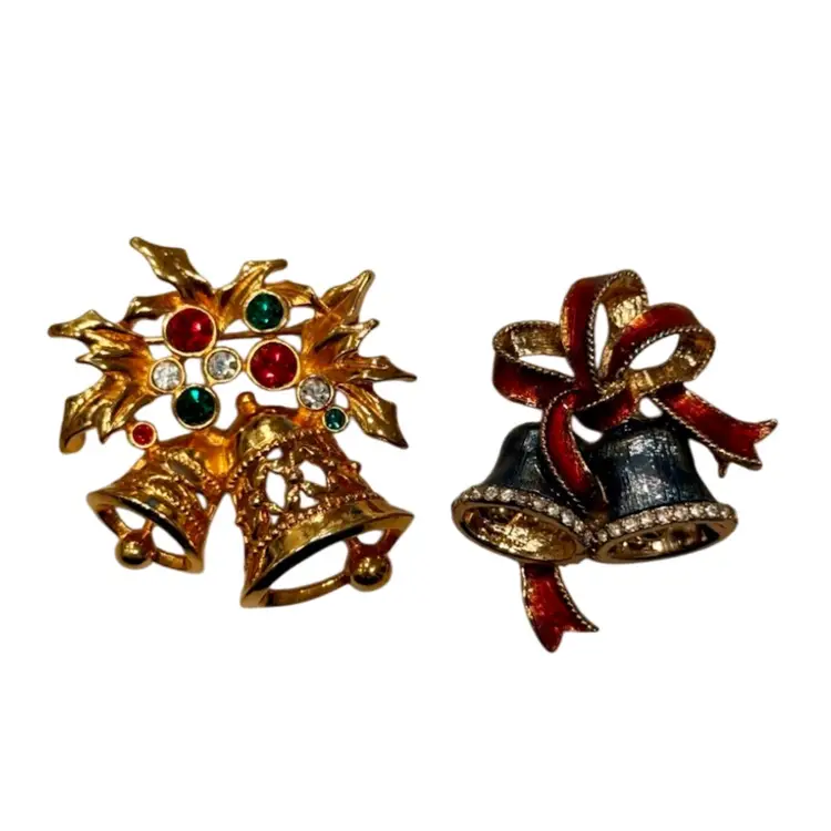 Vintage Lot (2) Signed GoldTone Christmas Bell Brooches Pave Rhinestone Crystals 1 Monet & 1 Avon
