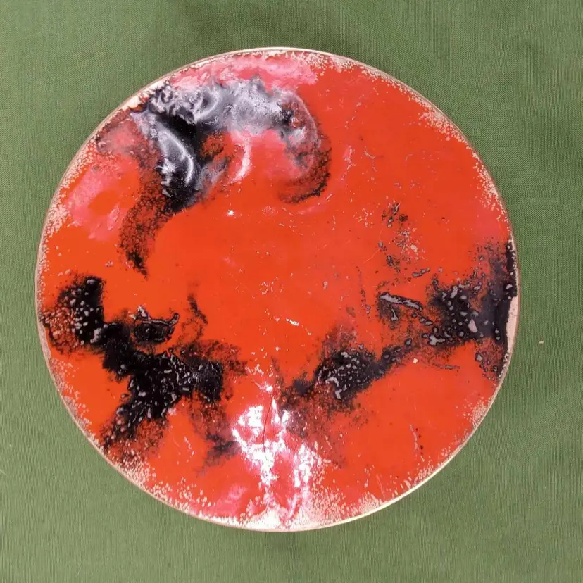 Enamel over copper trinket dish, candleholder, red and black