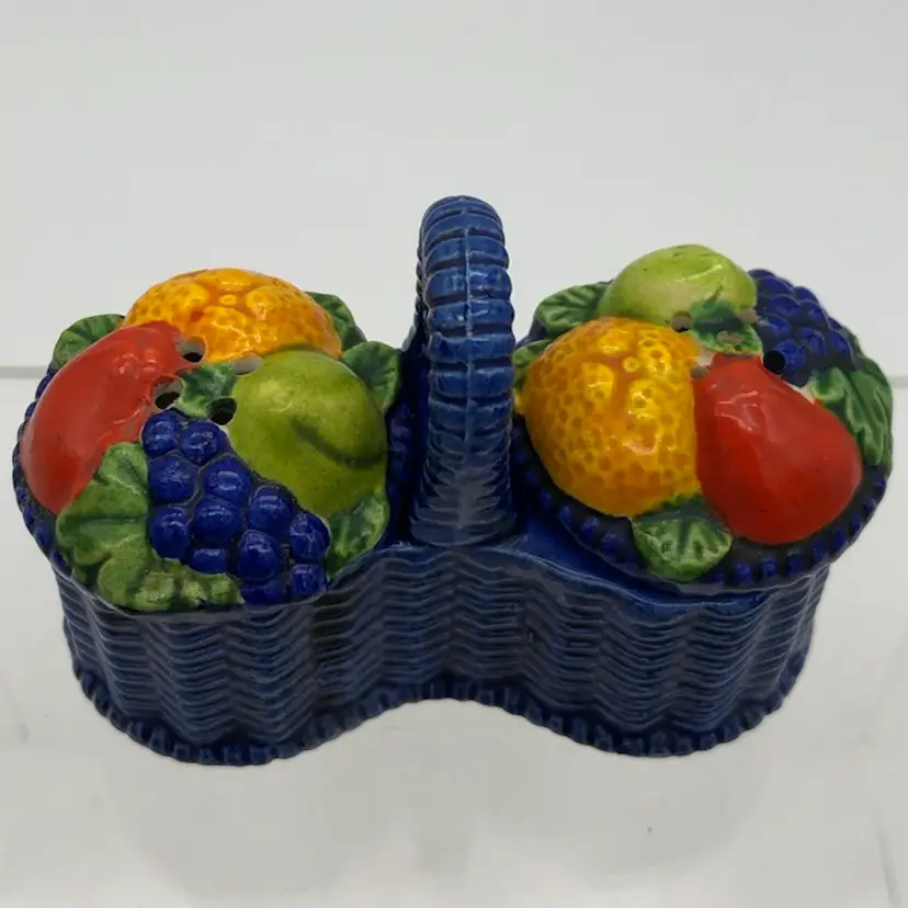Vintage Salt & Pepper Fruits In Double Basket 3 Pc Set Made in Japan