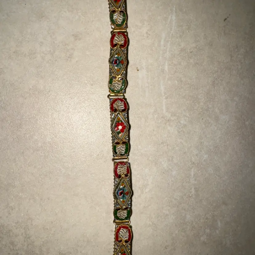Micro Mosaic Bracelet Vintage Women's Brass Gold-tone 7.75"