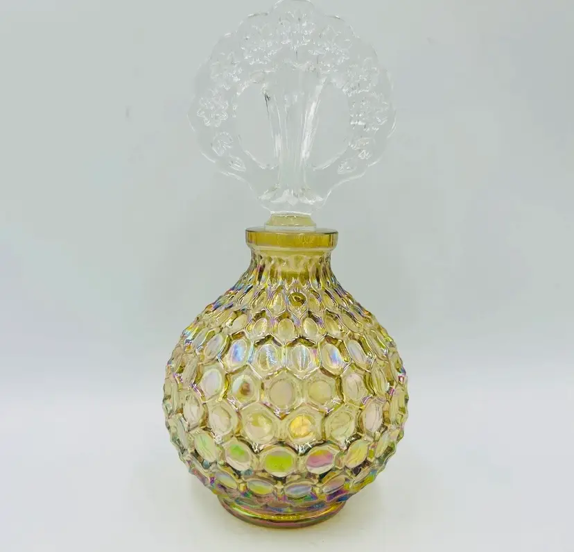 Fenton Glass Honeycomb Smokey Amber Iridescent 7.25” Perfume Bottle RARE