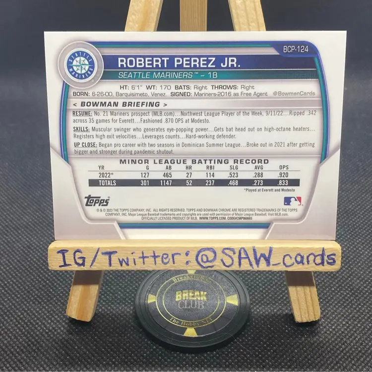 Robert Perez Jr 2023 Bowman 1st Chrome /250 Seattle Mariners