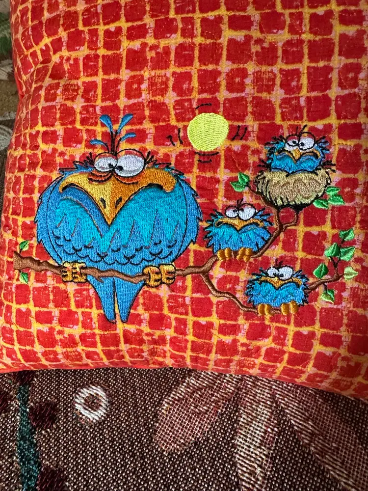 Vintage Handmade Embroidered Kitschy Bluebird & Chicks in a Tree Pillow