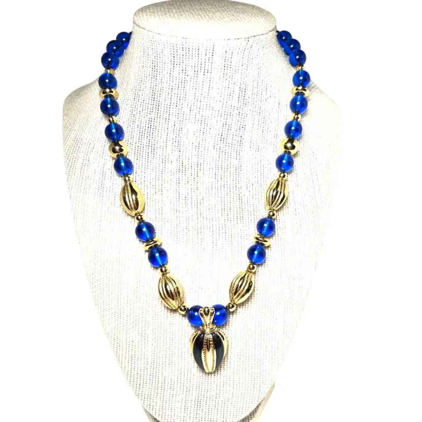 Avon Vibrant Cobalt Blue Glass Beaded Gold-toned Necklace. Removable Clip-on Pendant.