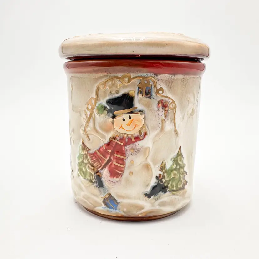 Snowman Christmas Trees Ceramic Lidded Cottage Core Storage Jar 4"D 4"H B25