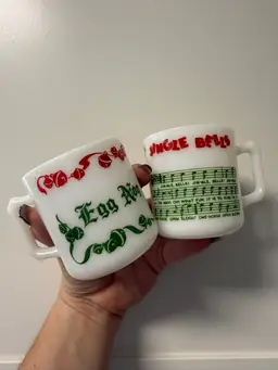 Set Of Five Hazel Atlas Jingle Bells Egg Nog Milk Glass Vintage Christmas Mugs