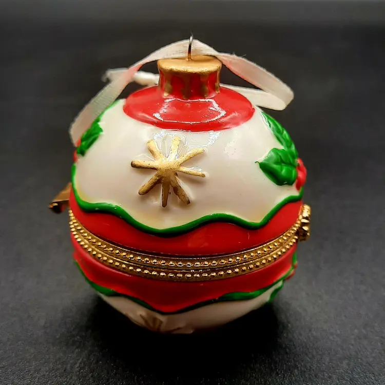 Vintage Christmas Ball Ornament Hinged Trinket Box Holly Red Green White Gold