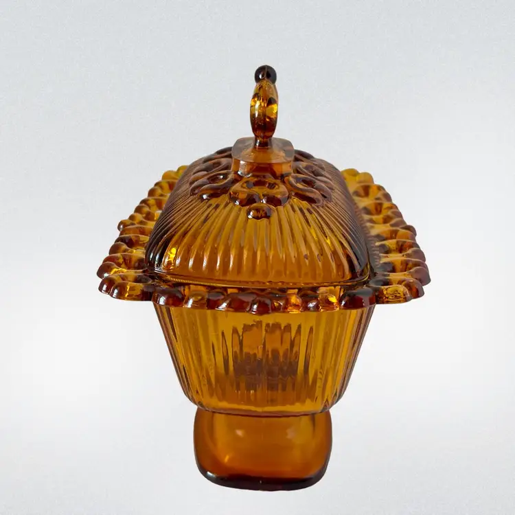 Indiana Glass Footed Candy Dish/Compote With Lid  Honey Amber
7” T x 7-1/4” L x 5-3/8” W
