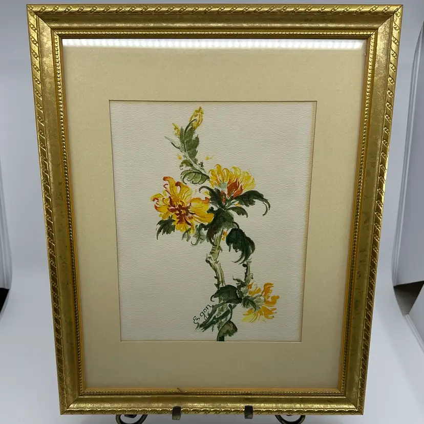 Framed Original Watercolor Painting Yellow Hibiscus Flowers Signed Egan