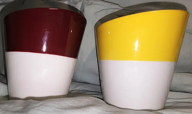 2 Starbucks Bone China 8 oz. Asymmetrical Tazo Mugs No-Handle Cups Red & Yellow