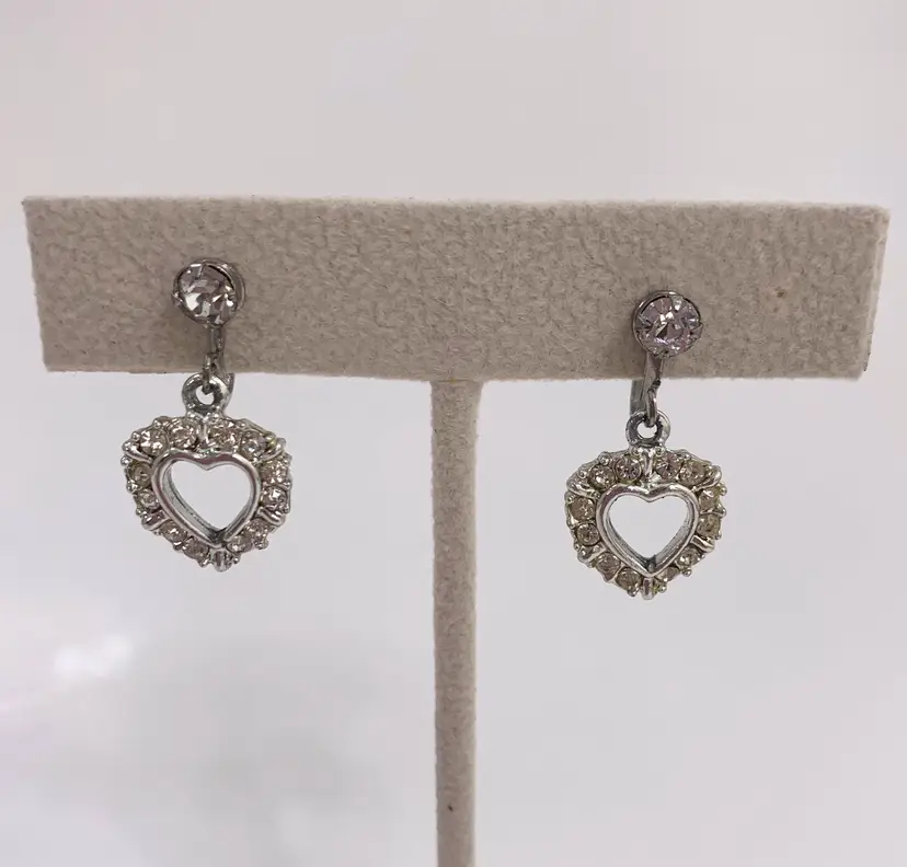 Silver Tone Rhinestone Heart Earrings Screw Back Retro Valentine Vintage