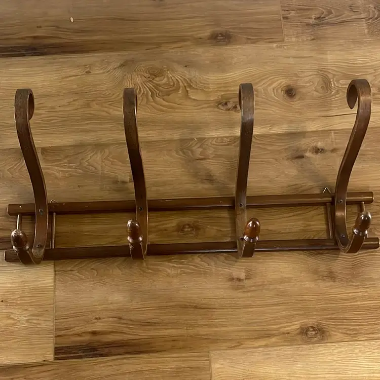 Vintage bentwood style wall coat rack with four hooks. - 29.5 “ Long