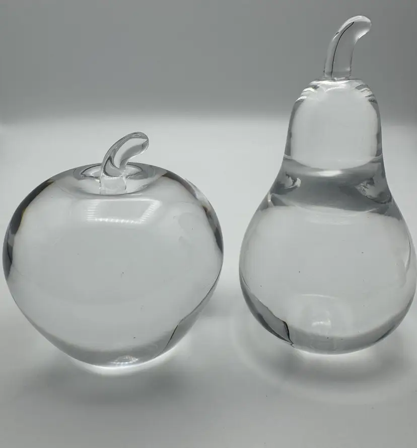 2 Crystal Paperweights Pear Royal Krona Signed - Sweden Apple Unsigned Reflective Gazing