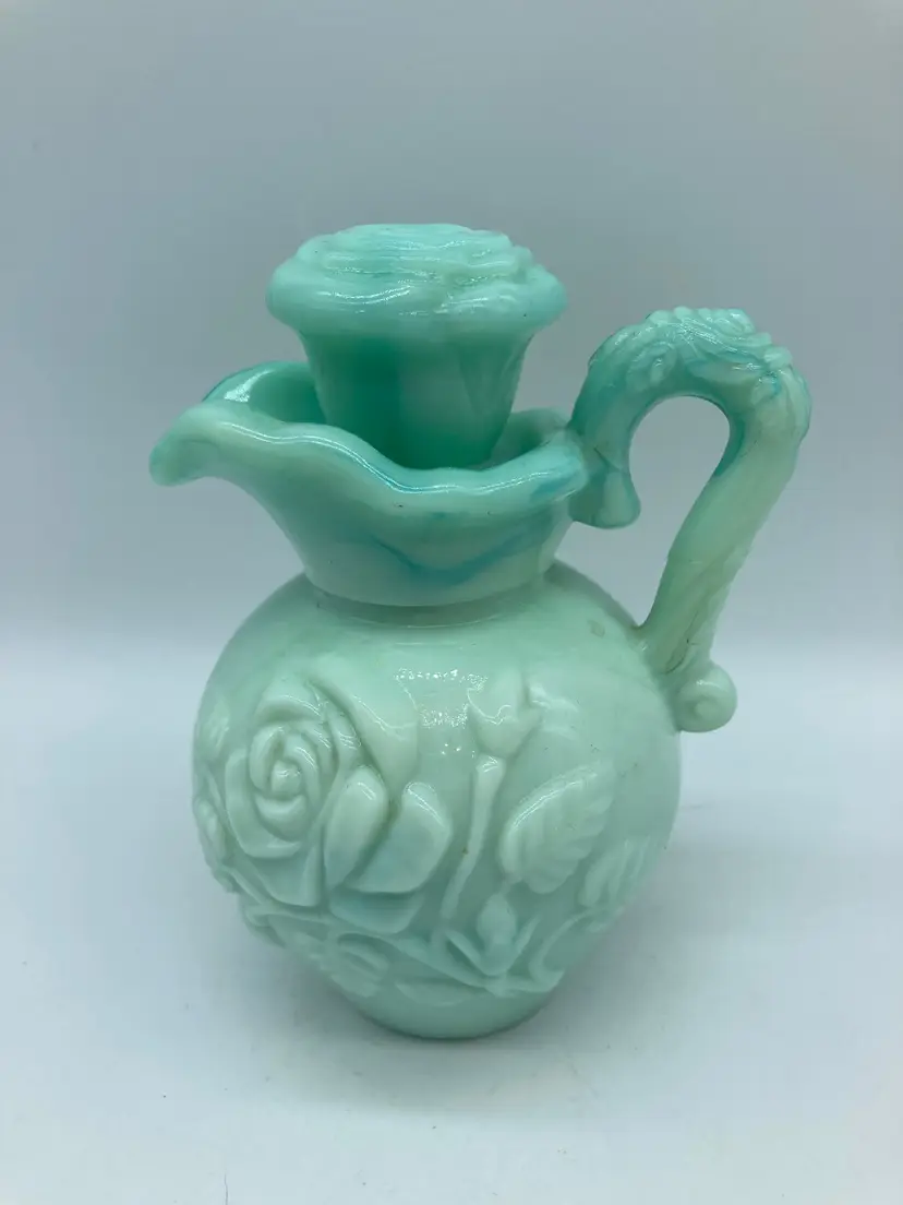 Vintage Avon Jadeite Green Swirl Milk Glass Rose Pitcher - CIrca 1970s