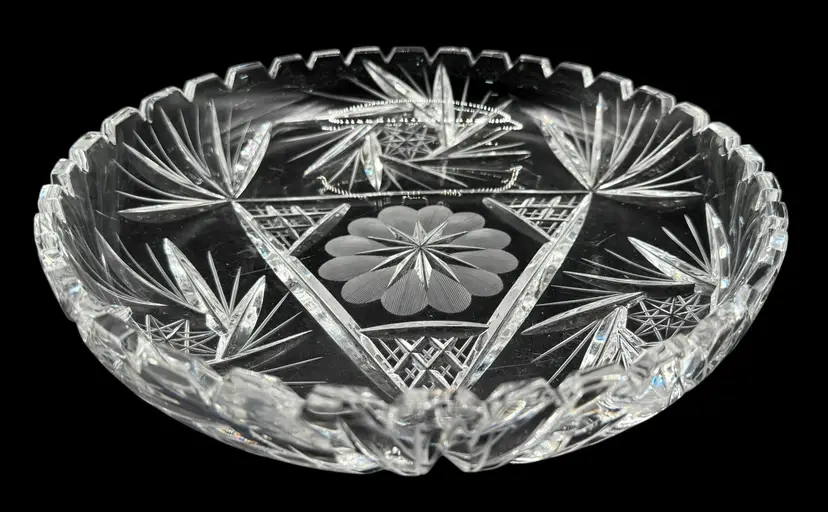 Vintage Cut Crystal Glass Low Bowl Floral Star Pinwheel Scalloped Edge 9 x 1.75”