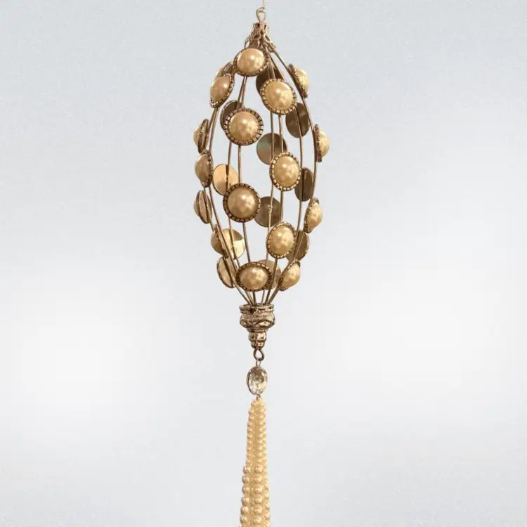 11”long 3” wide. Set of 9, Vintage-style Christmas ornaments made with a wire cage, faux pearls, crystal rhinestone and a beaded tassel