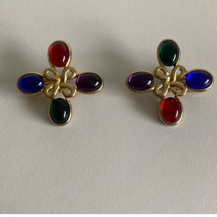 Vintage Maltese Cross Colorful Cabochon Clip On Earrings