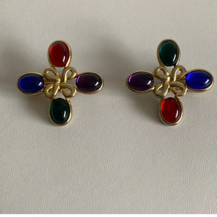 Vintage Maltese Cross Colorful Cabochon Clip On Earrings