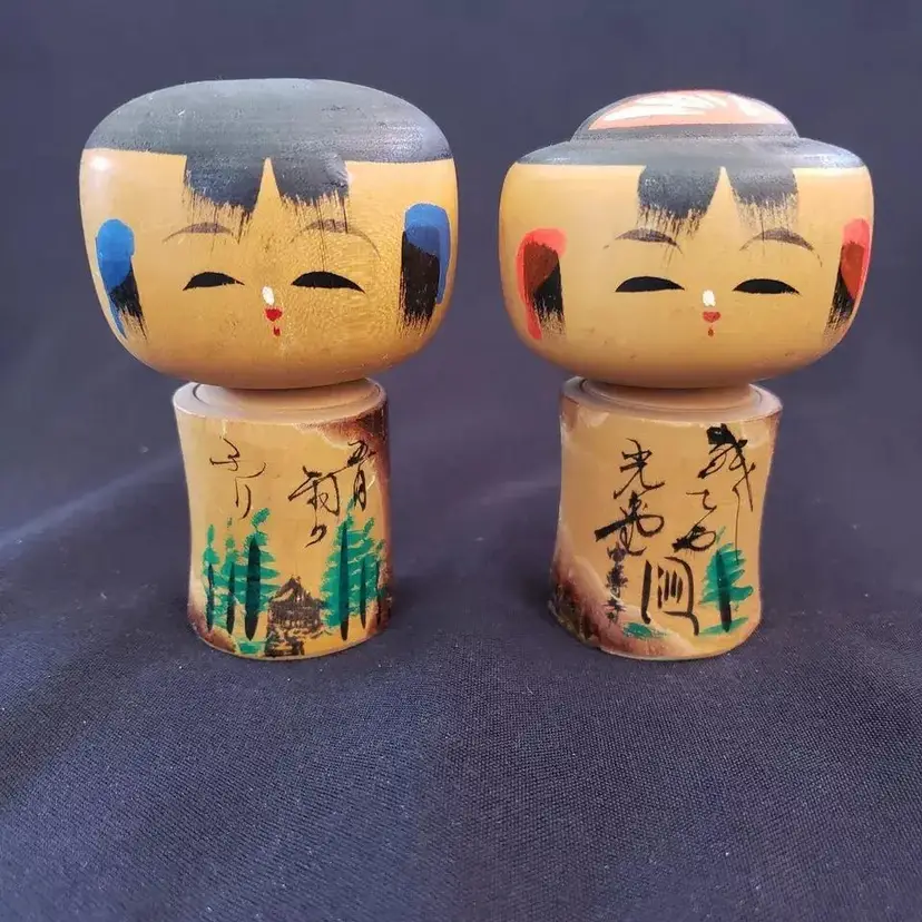 Kokeshi Figures Boy and Girl Wood Figurines - Handmade & Hand Painted - 3 5/8"