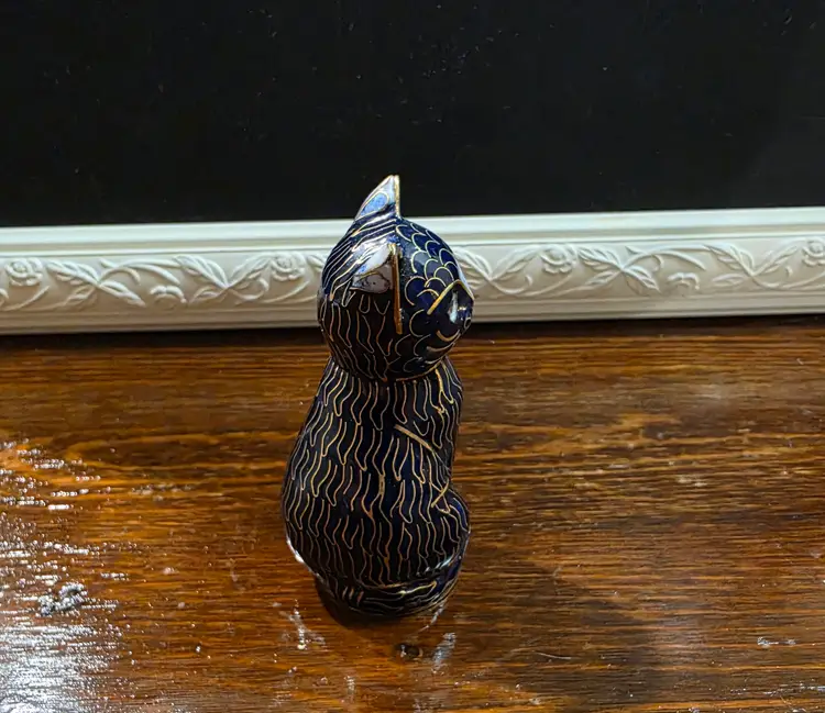 Vintage Cobalt Blue Cloisonne Miniature Cat Figurine