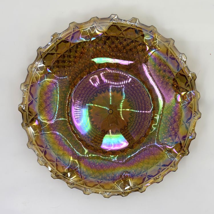 Amber Iridescent Carnival Glass Bowl: Starburst Diamond Point Ruffled Mid Century Platter