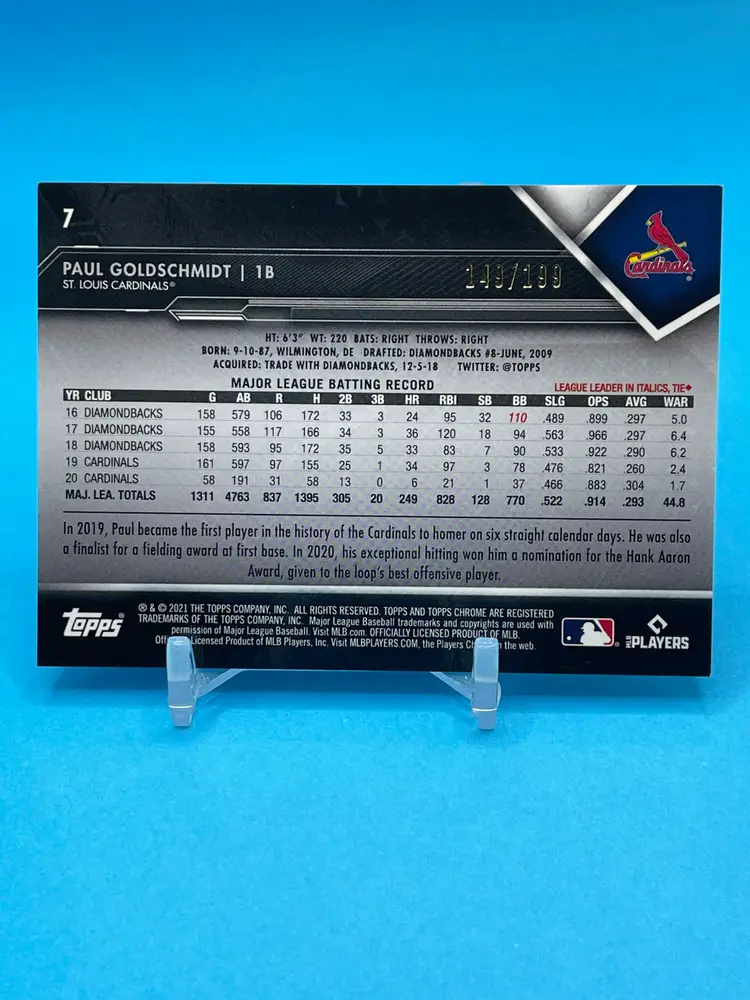 2021 Topps Chrome Black Refractors Paul Goldschmidt #/199 St. Louis Cardinals