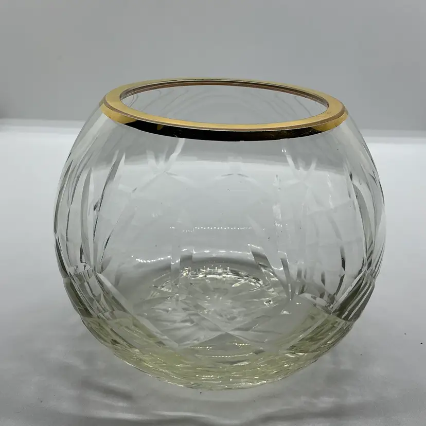 Unbranded Cut Crystal Clear Glass Rose Bowl Gold Rim Posy, Candle Holder READ