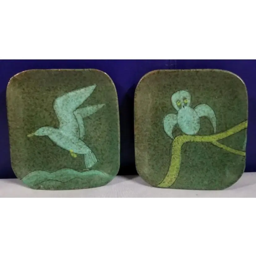 Pair of Vintage Enamel On Copper Owl And Seagull Wall Hangings- Maker's Mark From Canada
