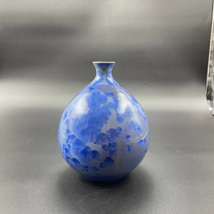 Crystalline Glaze Art Pottery Blue Vase Signed Handmade Home Decor