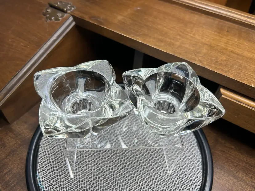 Pair of Lead Crystal Star Shaped Taper or Votive Candle Holders
