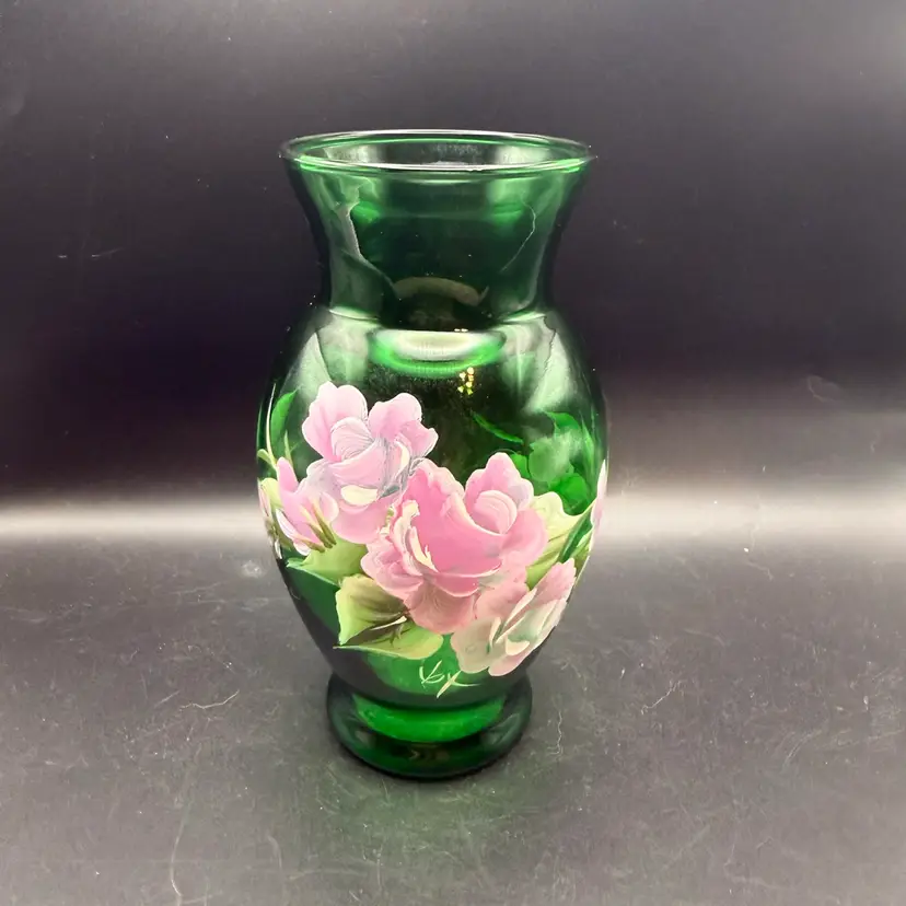Vintage Anchor Hocking Hand Painted Floral Green Vase