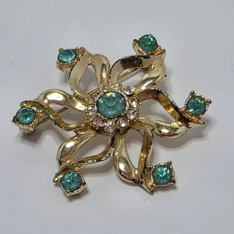 #01 Vintage Gold-Tone Brooch with Pale Blue Rhinestones