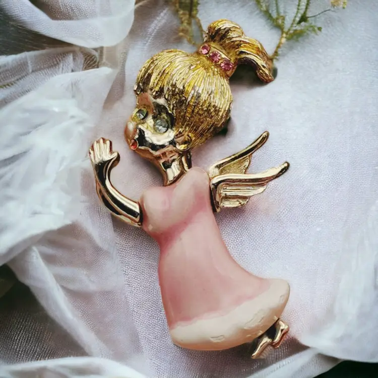 Vintage Beatrix Signed Pink Enameled Angel Girl Blue Rhinestone Eyes Brooch Pin