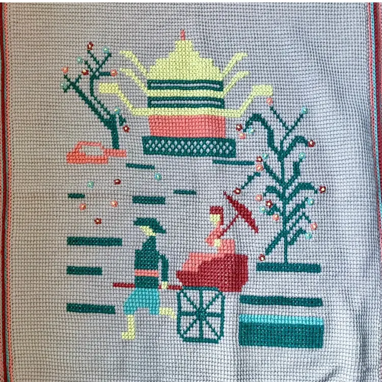 Vintage Chinoiserie Crochet Afghan Throw Rickshaw Floral Trees Folk Art Exotic