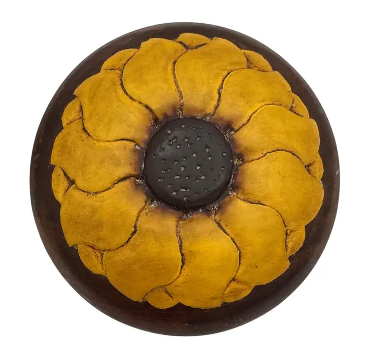 Vintage Hand Crafted Turned Wood Trjnket Box Yellow Sunflower Floral 2.25 x 3.5”