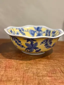 Oriental Accent Yellow & Blue Floral Porcelain Decorative Bowl