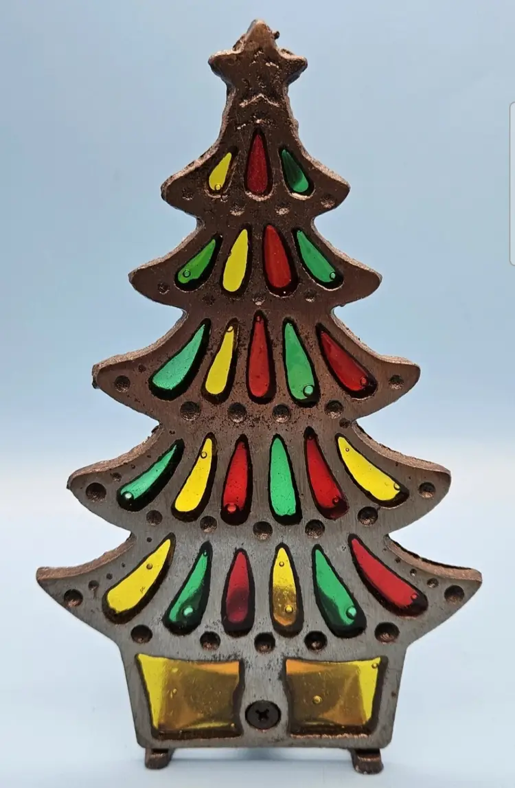 Vintage Tiffany Style Stained Glass Glo-Candle Cast Iron Holder Christmas Tree