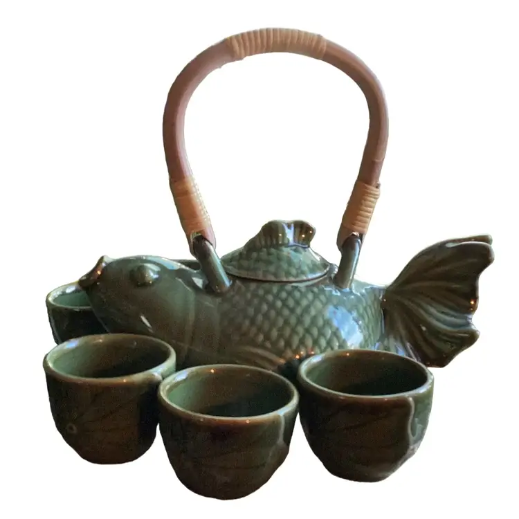 RARE Fabulous And Full Set Green Koi Fish Teapot And Six (6) Tea Cups