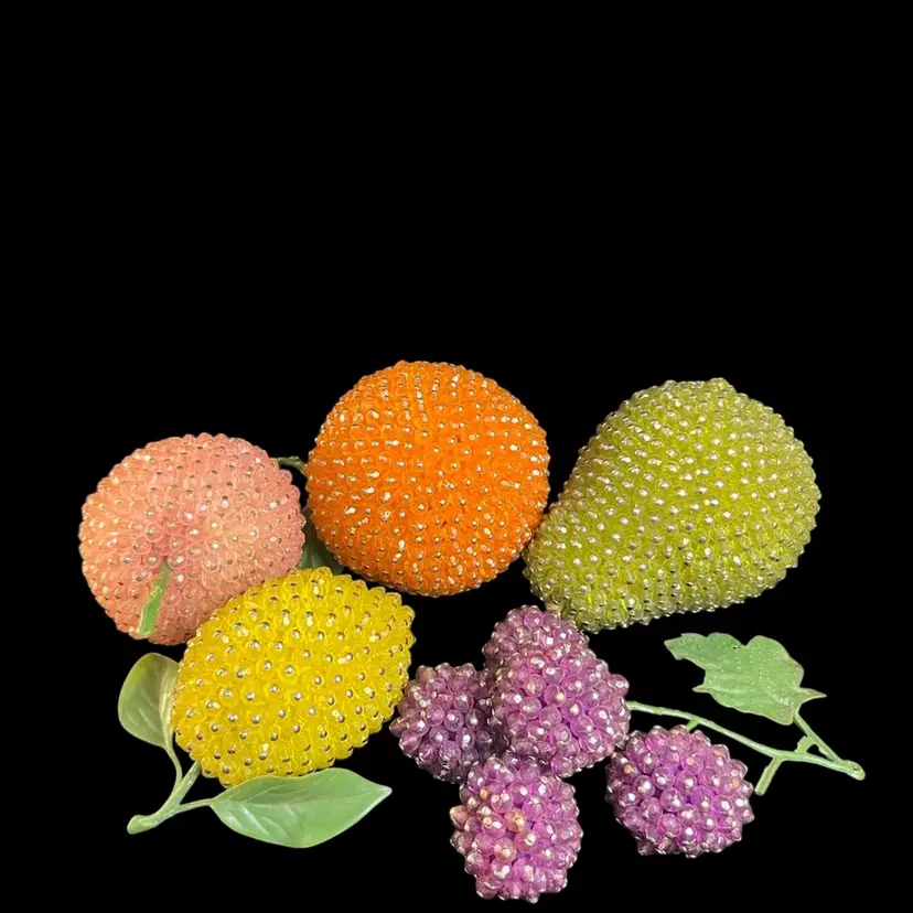 5 Pieces of Mid Century BEADED Push Pin Fruit-Orange, Lemon, Peach, Grapes & Pear