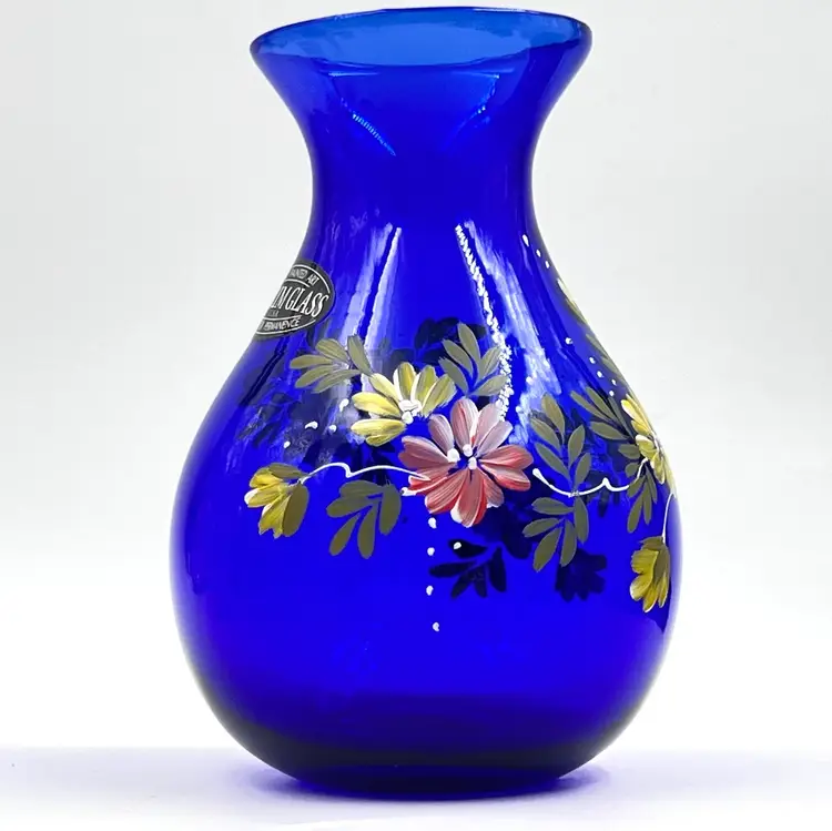 Blown Glass VaseHand Painted Cobalt Blue By Pilgrim Glass USA