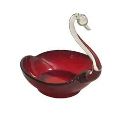 Vintage Martinsville Viking Glass Sweetheart Swan Red & Clear Art Glass Dish MCM