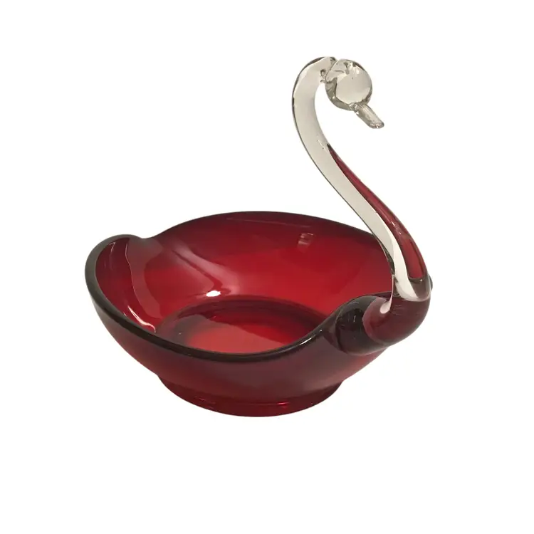 Vintage Martinsville Viking Glass Sweetheart Swan Red & Clear Art Glass Dish MCM