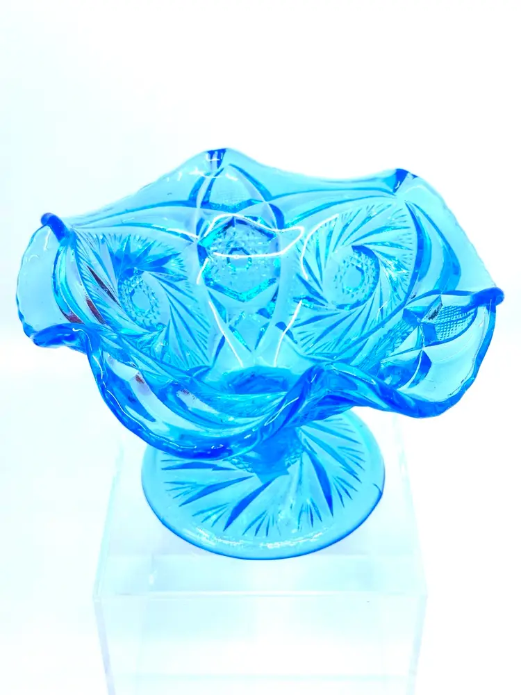 Kemple Aztec EAPG Blue Round Pedestal Ruffled Candy Dish