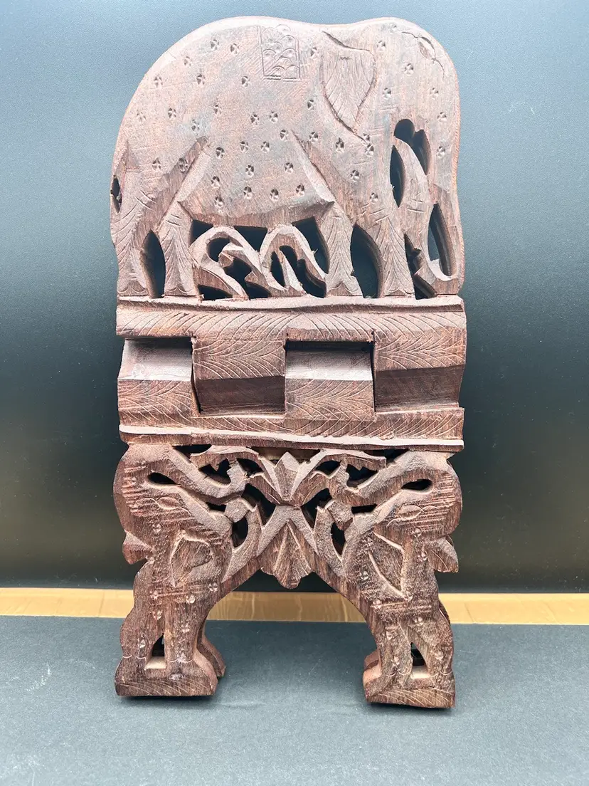#1072B Beautiful Vintage Hand Carved Folding Wooden Book Holder with Elephant Motif- Made From A Single Piece Of Himalayan Jungle Sheesham Wood